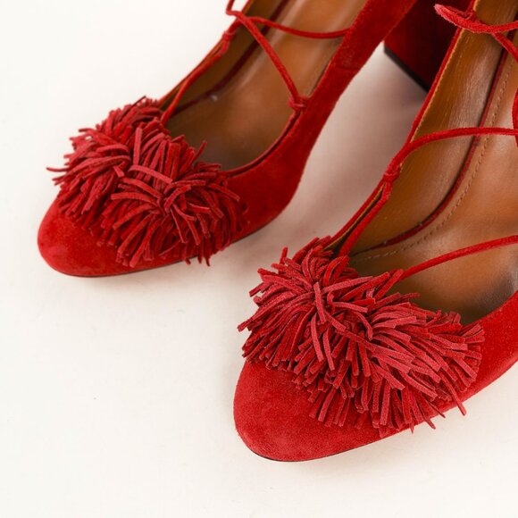 Aquazzura Wild Thing Pomegranate Fringe Lace-Up Block-Heel Pumps - Picture 7 of 11
